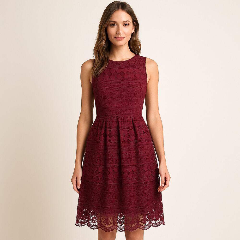 Lulus Burgundy Lace Midi Dress Fit and Flare Dress Sleeveless M
